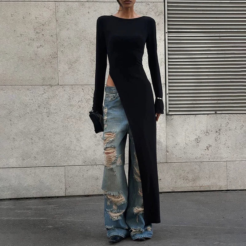 Wcoumq | Slit Design Long-Sleeve Mid-Length Top for Women – Trendy Gusty Street Fashion Hot Girl Style Irregular T-Shirt