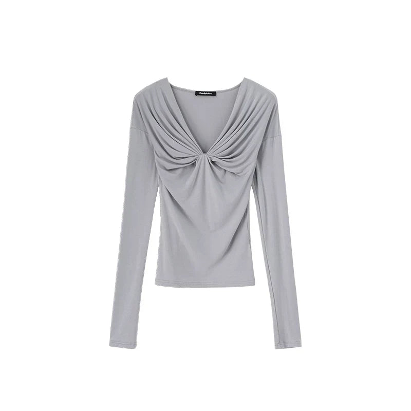 Wcoumq | V-Neck Pleated Slim Knitted Pullover Top for Women – Casual Touch Series Slim-Fit Knitwear