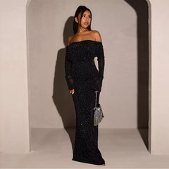 Wcoumq | Black Sequined One-Shoulder Maxi Dress for High-End Banquet and Evening Events