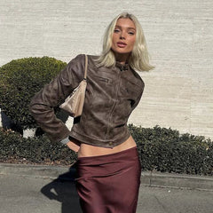Wcoumq | American Retro Distressed Brown Short PU Leather Jacket for Women – Versatile Hot Girl Spring Stand Collar Style