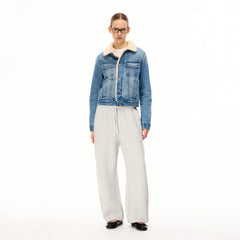 Wcoumq | Retro Classic Denim Quilted Jacket with Fur Collar – Women’s Warm Contrasting Color Denim Jacket