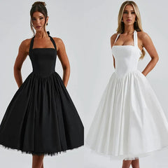 Wcoumq | White Mesh Halter Dress with Slim Waist for Resort and Mid-Length Elegance