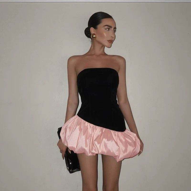Wcoumq | Retro Contrast Color Tube Top Dress with Floral Details for Women