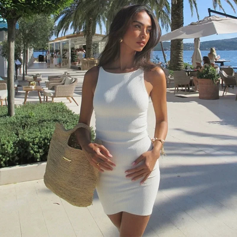 Wcoumq | White Sleeveless Threaded Dress with Slim Hip Skirt for Summer