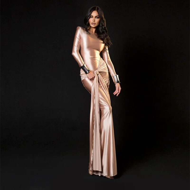 Wcoumq | Satin Long-Sleeve Dress with Waist Strap for Elegant Winter Fashion