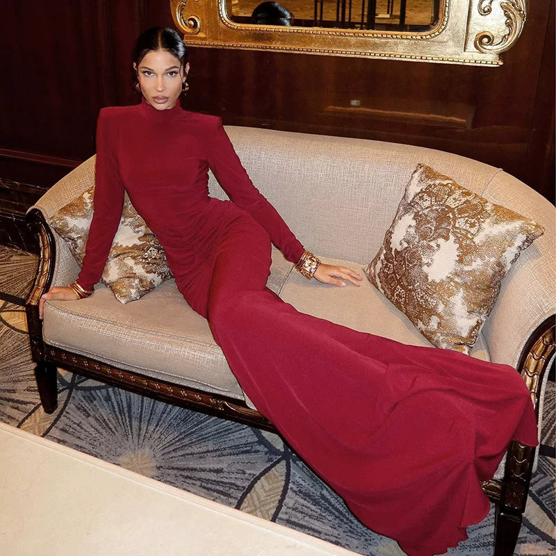 Wcoumq | Pleated Slim-Fit Long Dress with Shoulder Pads and Hip-Hugging Design