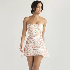 Wcoumq | One-Shoulder Tube Top Floral Satin Dress with Pleated Irregular Fishbone Design