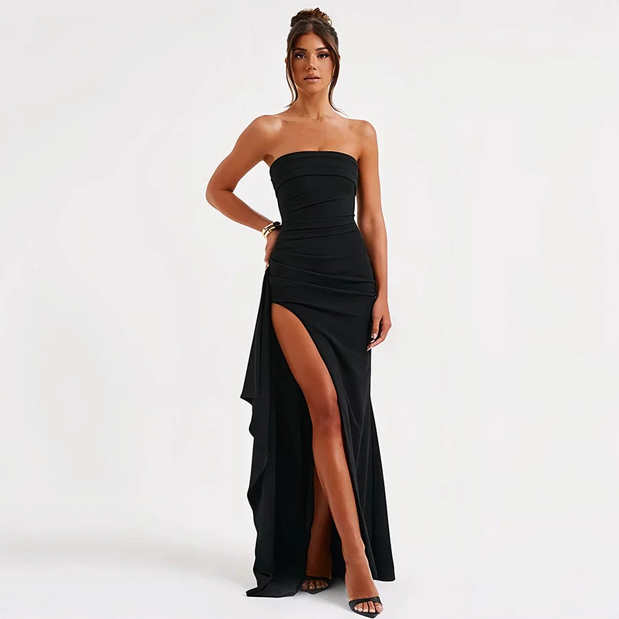 Wcoumq | One-Shoulder Black Tube Top Evening Dress with Backless High Slit for Autumn
