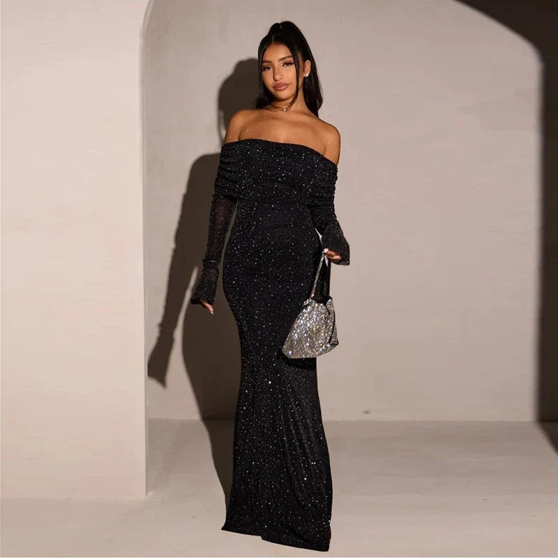 Wcoumq | Black Sequined One-Shoulder Maxi Dress for High-End Banquet and Evening Events