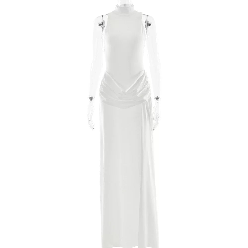 Wcoumq | High-Slit Pleated Maxi Dress with Sleeveless and Waist-Enhancing Design