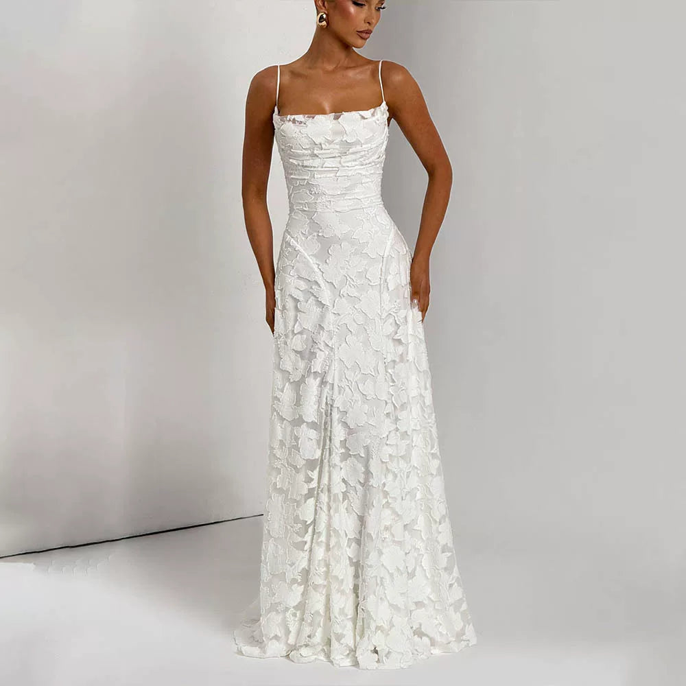 Wcoumq | Jacquard Floor-Length Square Neck Dress with Backless Straps and Slim Waist Design