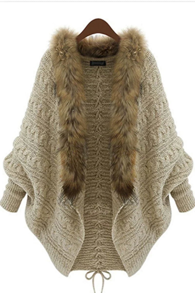 Wcoumq | Plus Size Women’s Knitted Cardigan Cape Shawl with Bat Sleeves & Fur Collar – European & American Style Daily Special Offer