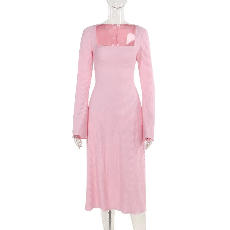 Wcoumq | Square Neck Long-Sleeve Lace-Up Maxi Dress with Side Slit
