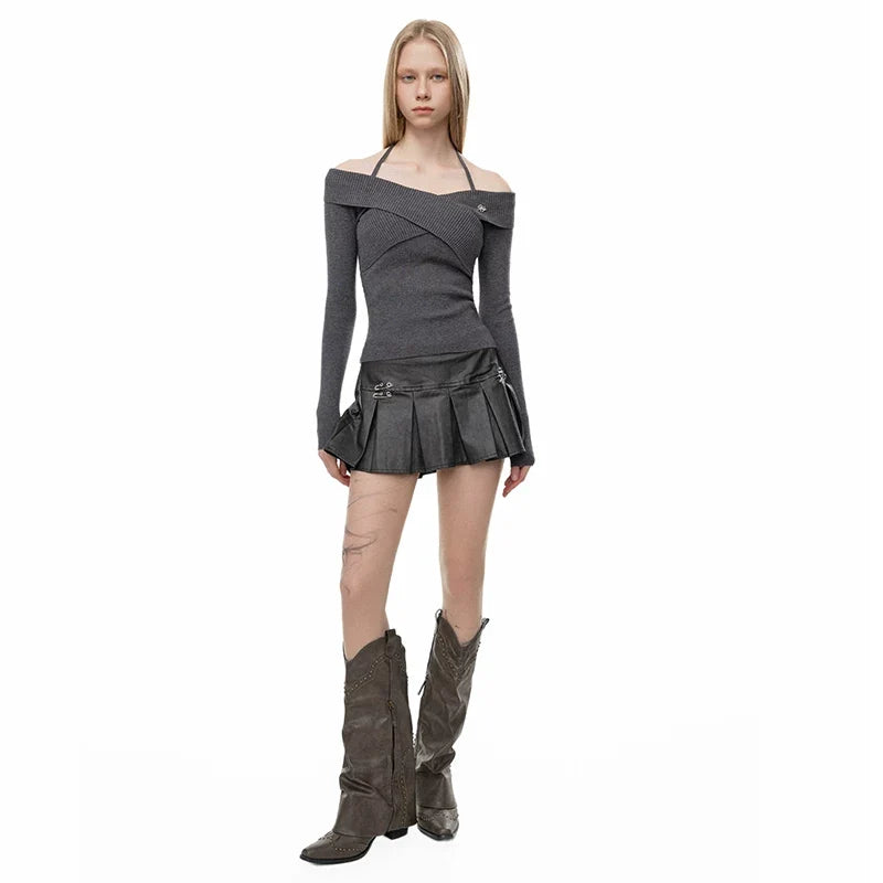 Wcoumq | Cross Lace-Up Slim-Fit Long Sleeve Knit Top for Autumn and Winter