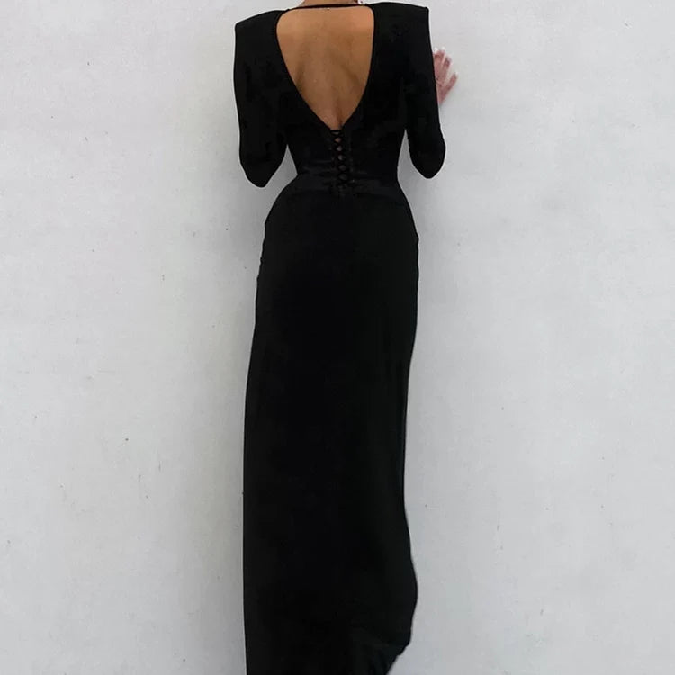 Wcoumq | V-Neck Long-Sleeve Dress with Waist Accents and Side Slits