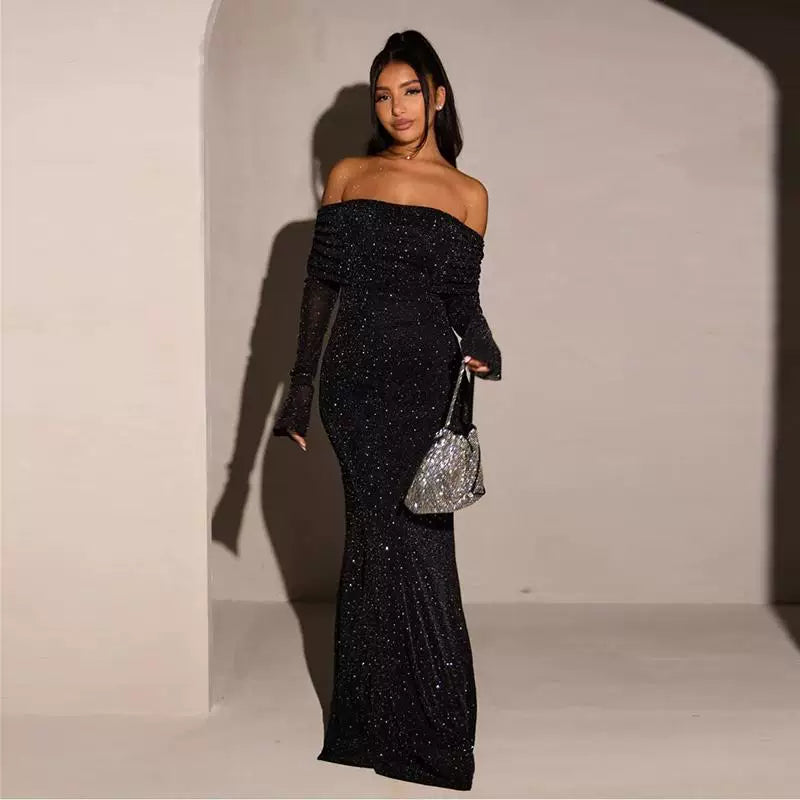 Wcoumq | Black Sequined One-Shoulder Maxi Dress for High-End Banquet and Evening Events