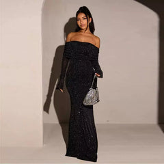 Wcoumq | Black Sequined One-Shoulder Maxi Dress for High-End Banquet and Evening Events