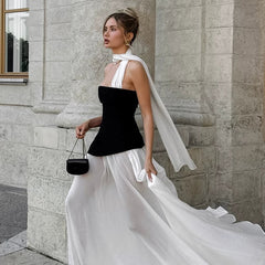 Wcoumq | Elegant Velvet Mesh Spliced Tube Top Dress with Slim Waist Long Skirt