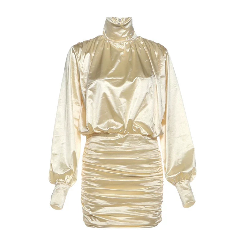 Wcoumq | French Retro Long-Sleeve Dress with Draped Pleats and Stand-Up Collar for Autumn