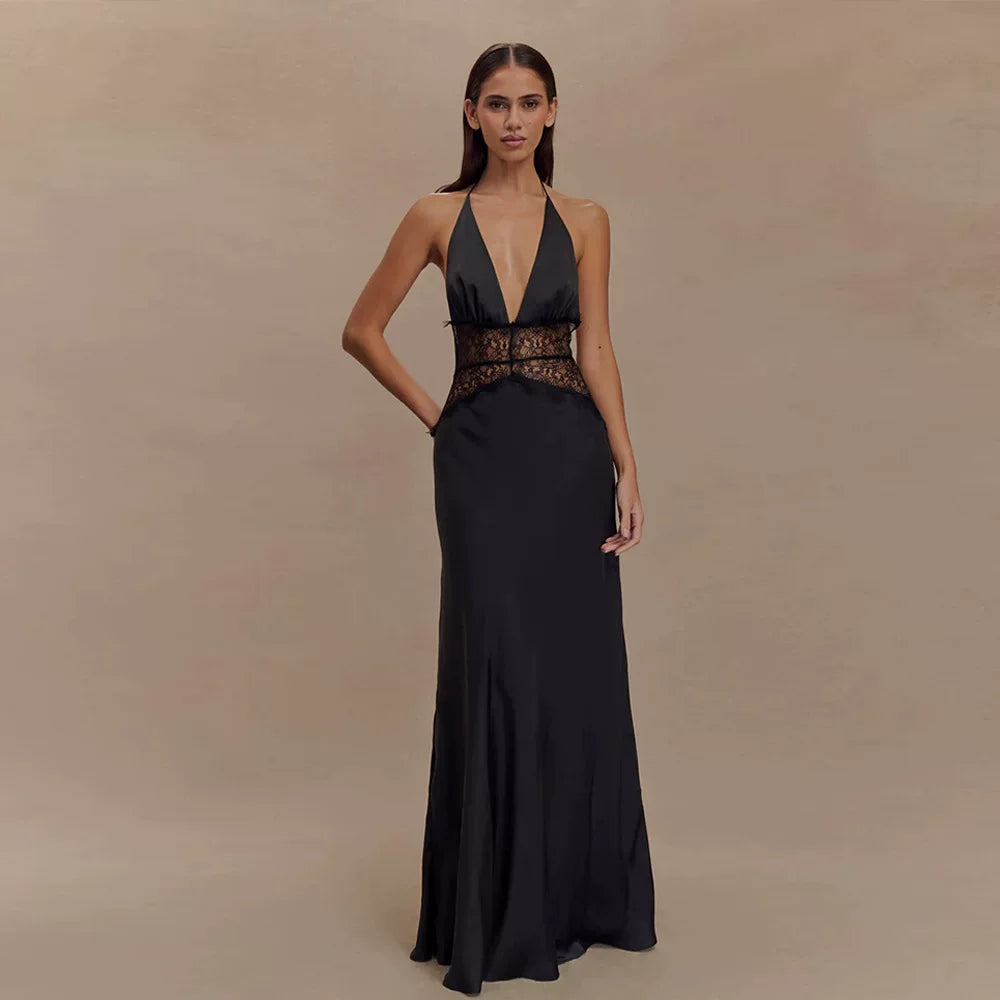 Wcoumq | Satin Halter Neck Deep V Long Dress with Spliced Waist for Spring & Summer