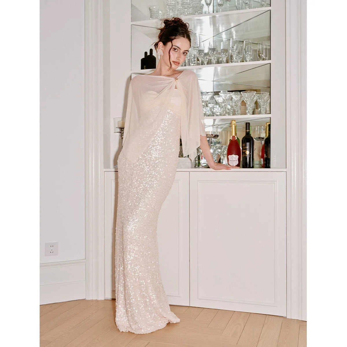 Wcoumq | Sequined Strapless Dress with Shawl and Brooch Detail