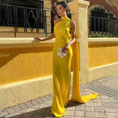 Wcoumq | Elegant Satin Floor-Length Dress with Neck Streamers and Backless Design