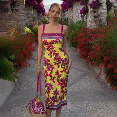 Wcoumq | Printed Suspender Dress with Open Back and Figure-Hugging Slit Long Skirt