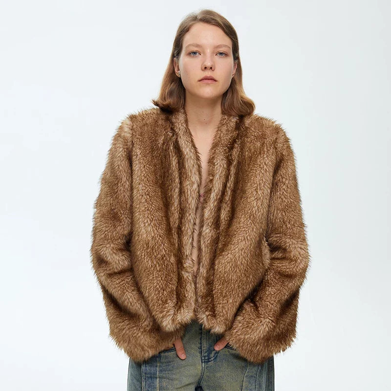 Wcoumq | Short Fur Jacket with Stand Collar – Textured Women’s Autumn & Winter One-Piece Outerwear