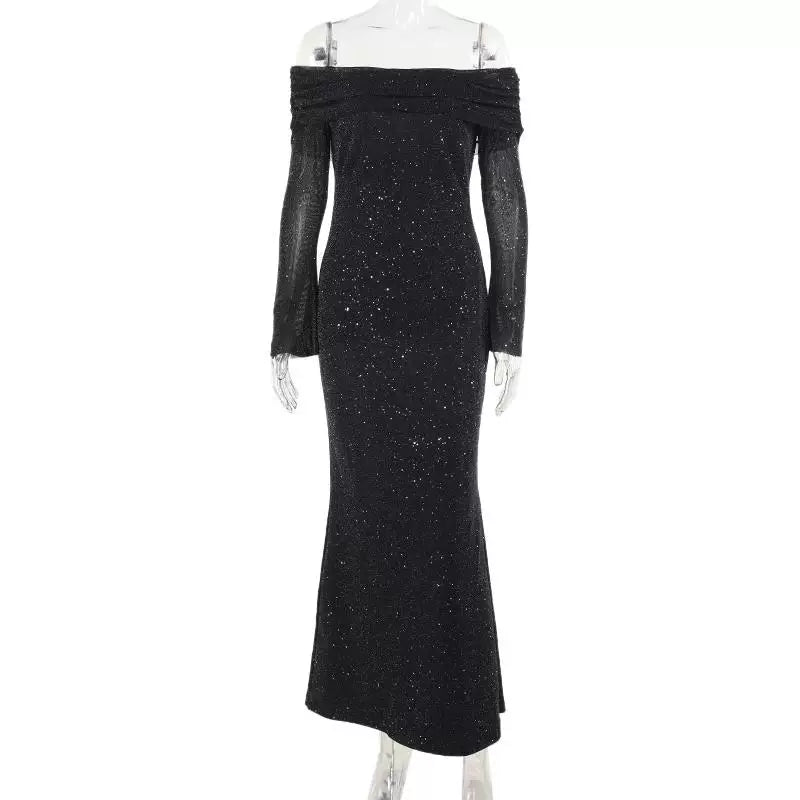 Wcoumq | Black Sequined One-Shoulder Maxi Dress for High-End Banquet and Evening Events