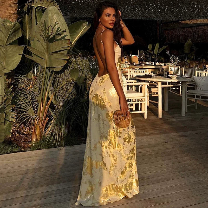 Wcoumq | Backless V-Neck Suspender Knee-Length Dress with High-Waist and Irregular Printed Design