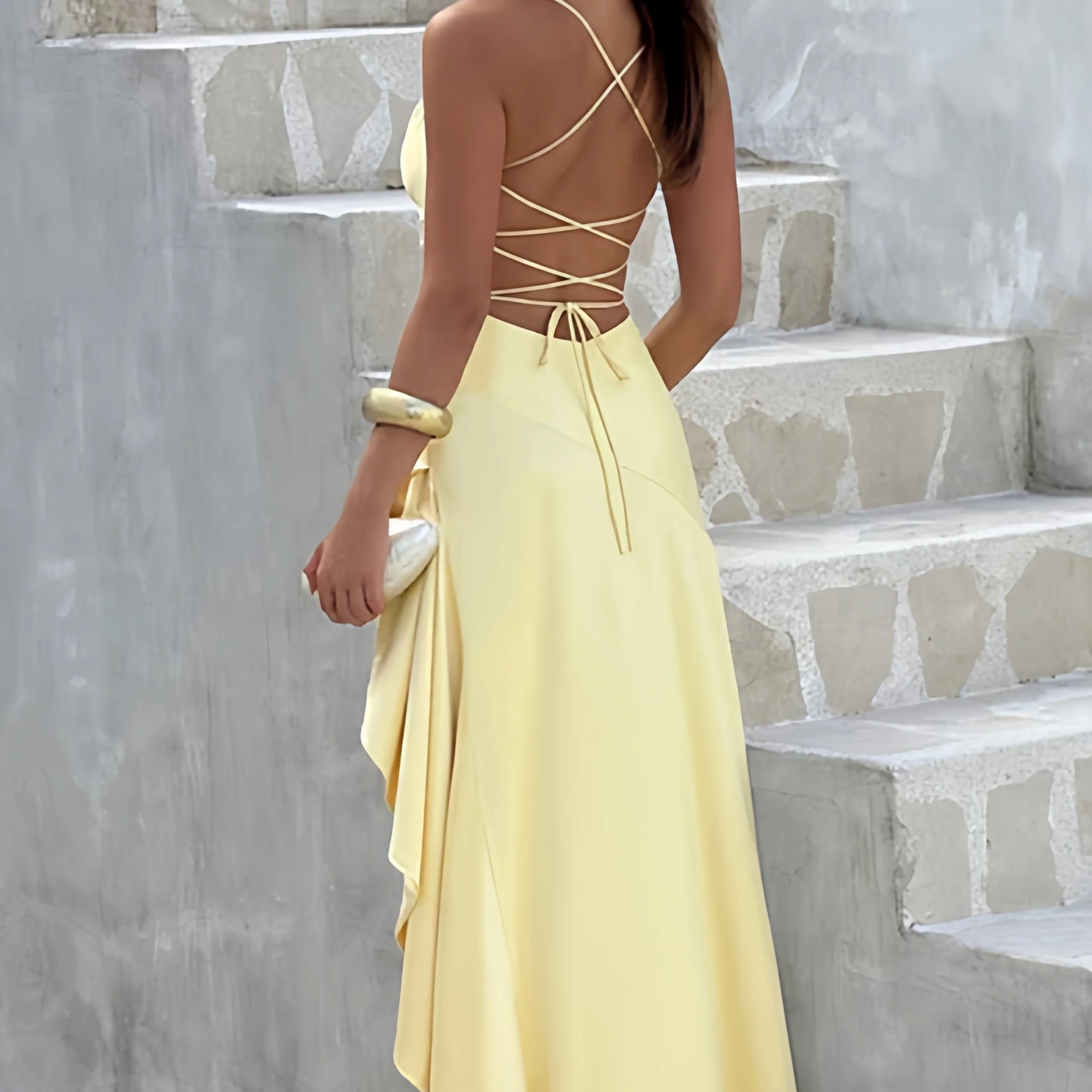 Wcoumq | Ruffled Slit Backless Maxi Dress with Waist-Enhancing Design