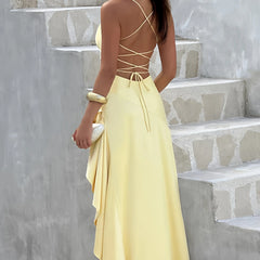 Wcoumq | Ruffled Slit Backless Maxi Dress with Waist-Enhancing Design