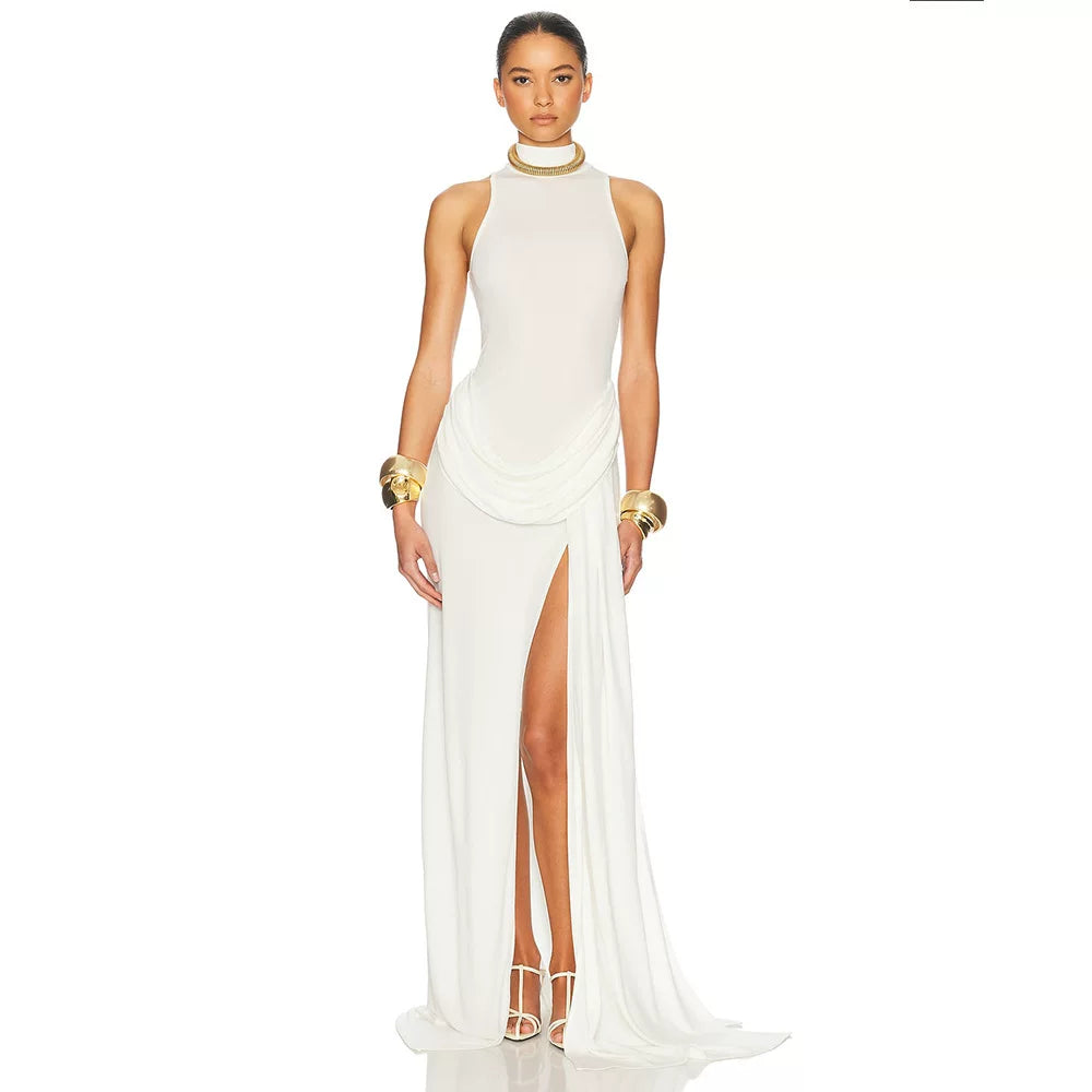 Wcoumq | Milk-Color Sleeveless Stand Collar Maxi Dress with Pleated Waist and Side Slit