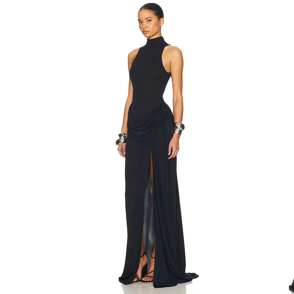 Wcoumq | High-Slit Pleated Maxi Dress with Sleeveless and Waist-Enhancing Design
