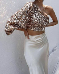 Wcoumq | Asymmetrical One-Shoulder Sequin Backless Party Top