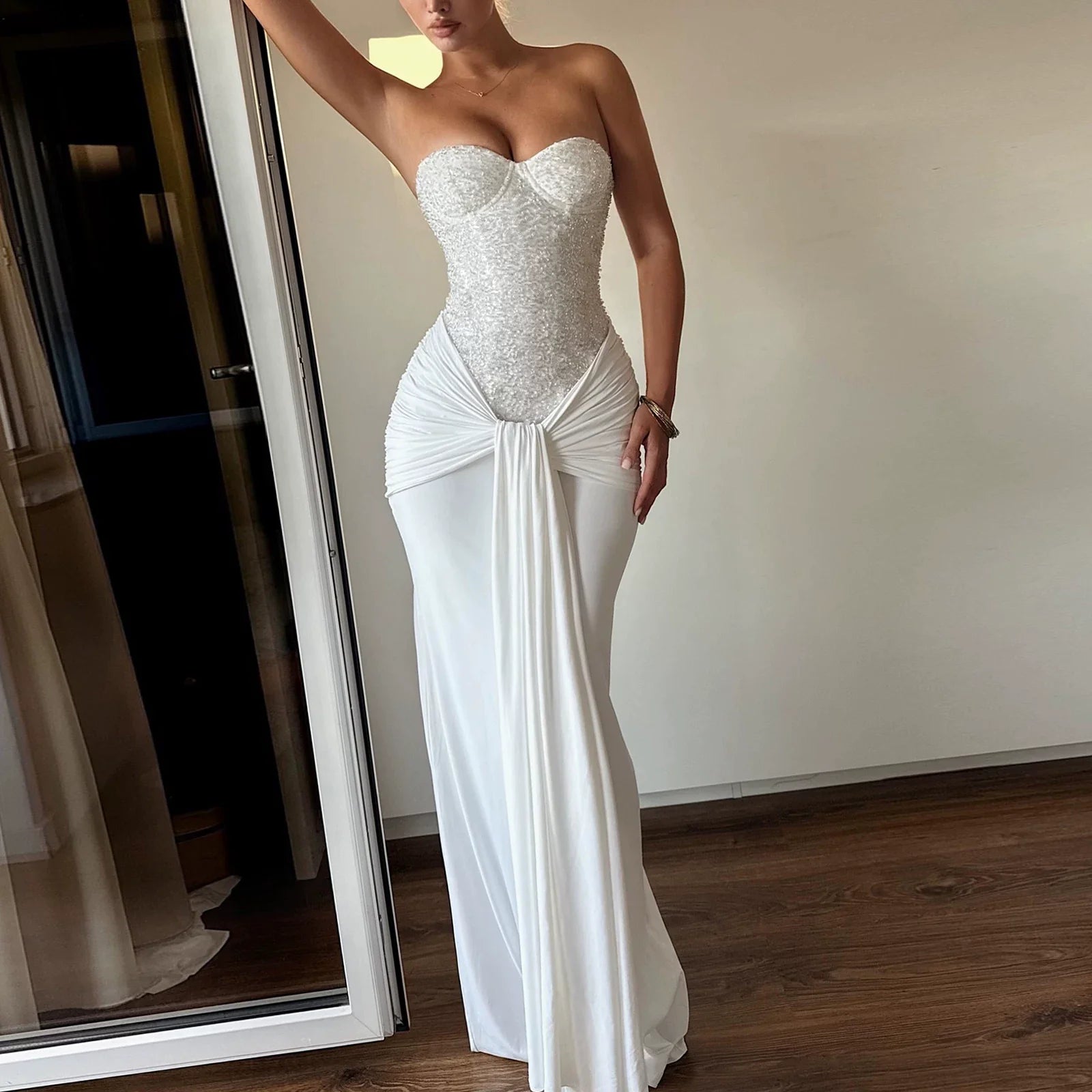 Wcoumq | Sequined Tube Top Maxi Dress with Designer Waist Straps