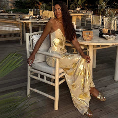 Wcoumq | Backless V-Neck Suspender Knee-Length Dress with High-Waist and Irregular Printed Design