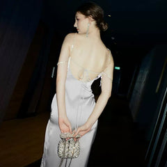 Wcoumq | Satin Diamond Chain Suspender Maxi Dress with Backless and Side Slit Design