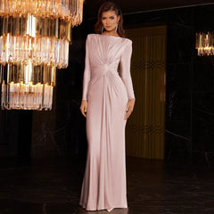 Wcoumq | Pleated Slim Fit Long-Sleeve Evening Dress with Round Neck for Women