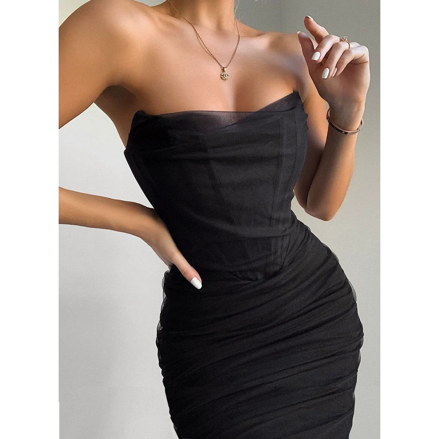 Wcoumq | Tube Top Mesh Dress with Fishbone Waist and Pleated Mid-Length Skirt