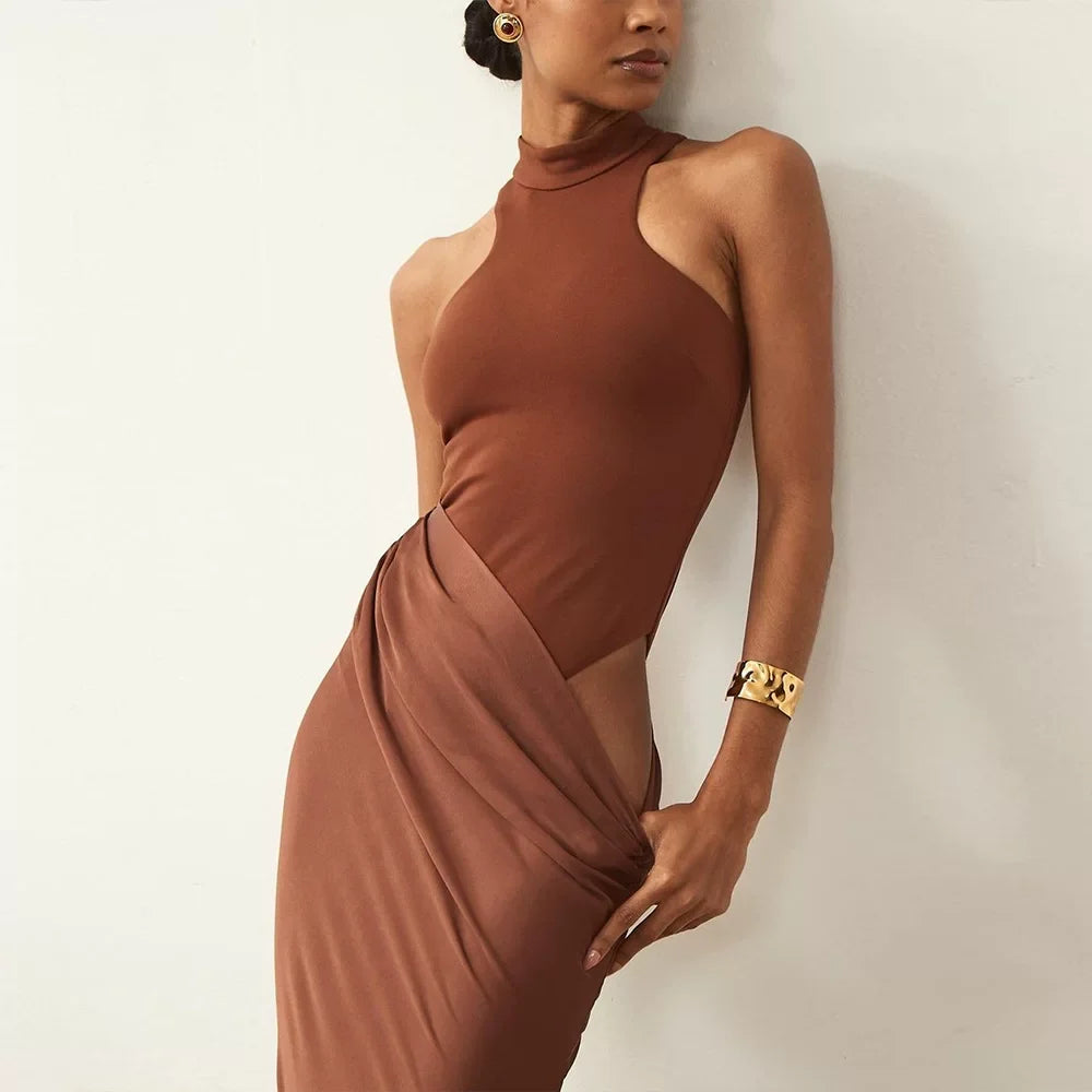 Wcoumq | Sleeveless Round Neck Long Dress with Hollow Splicing and Slim Fit