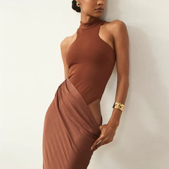 Wcoumq | Sleeveless Round Neck Long Dress with Hollow Splicing and Slim Fit