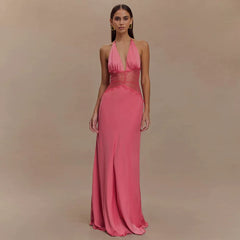 Wcoumq | Satin Halter Neck Deep V Long Dress with Spliced Waist for Spring & Summer