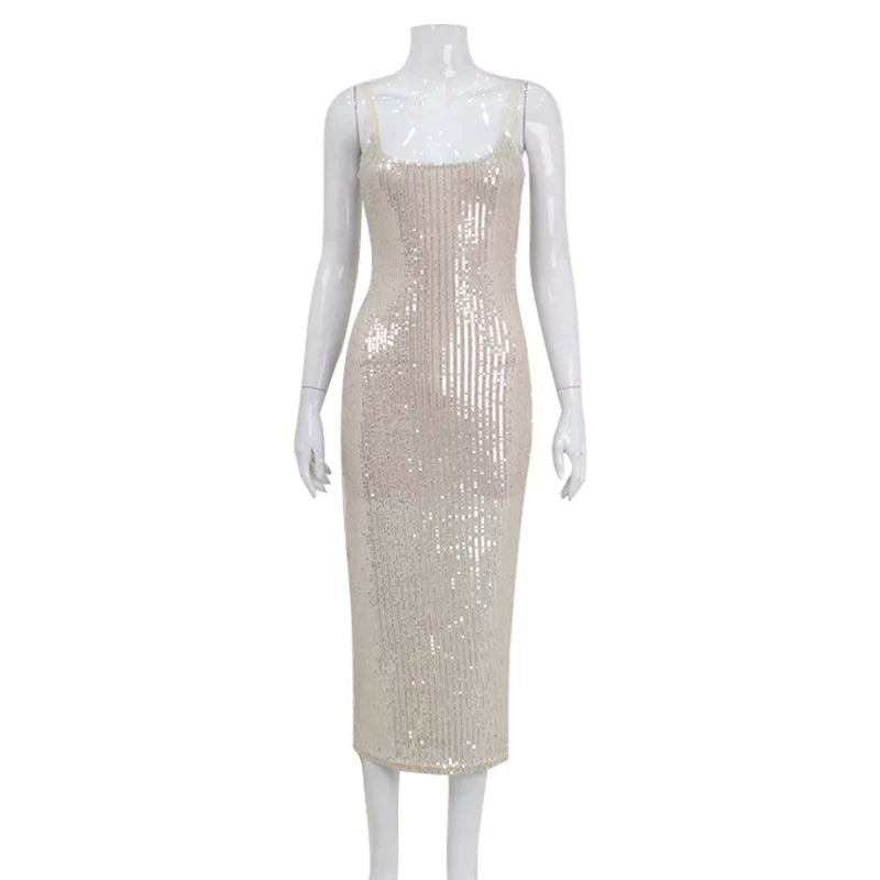 Wcoumq | Sequin U-Neck Backless Suspender Maxi Dress with Slim Waist Fit