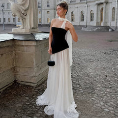 Wcoumq | Elegant Velvet Mesh Spliced Tube Top Dress with Slim Waist Long Skirt