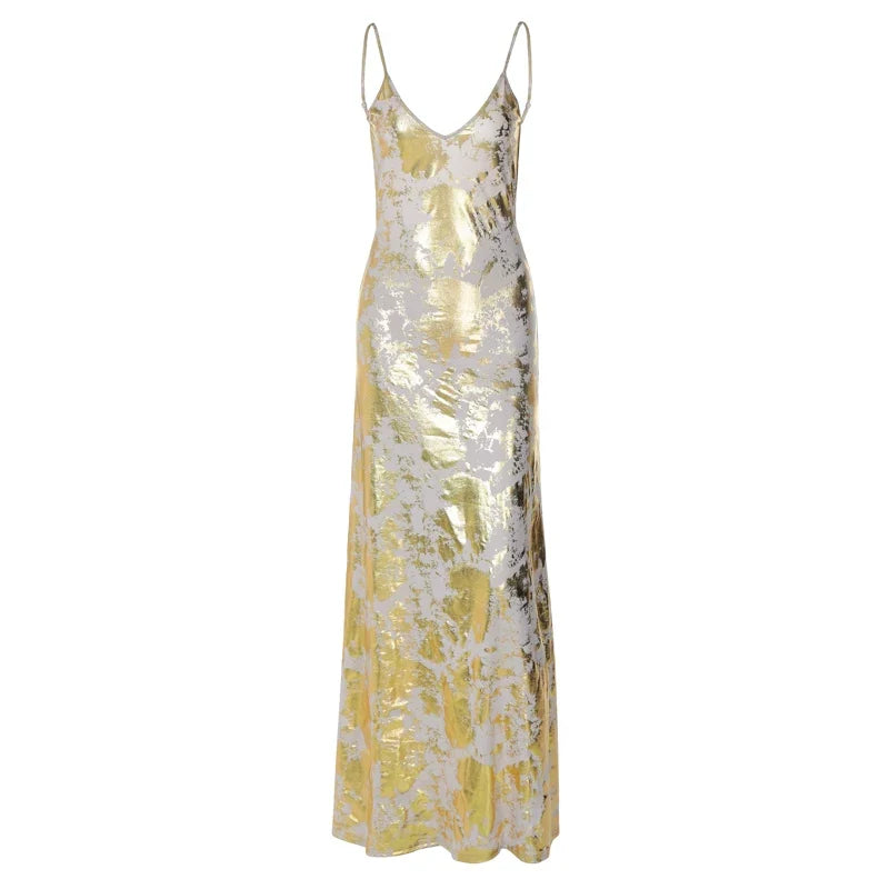 Wcoumq | Backless V-Neck Suspender Knee-Length Dress with High-Waist and Irregular Printed Design