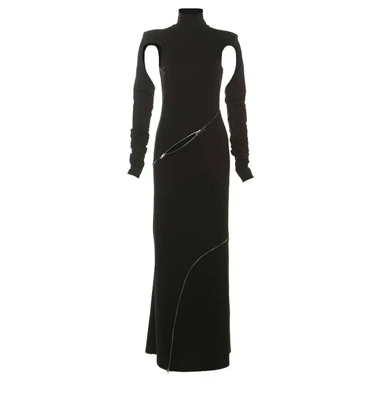 Wcoumq | Futuristic Zipper Hollow Long-Sleeve Slim Maxi Dress