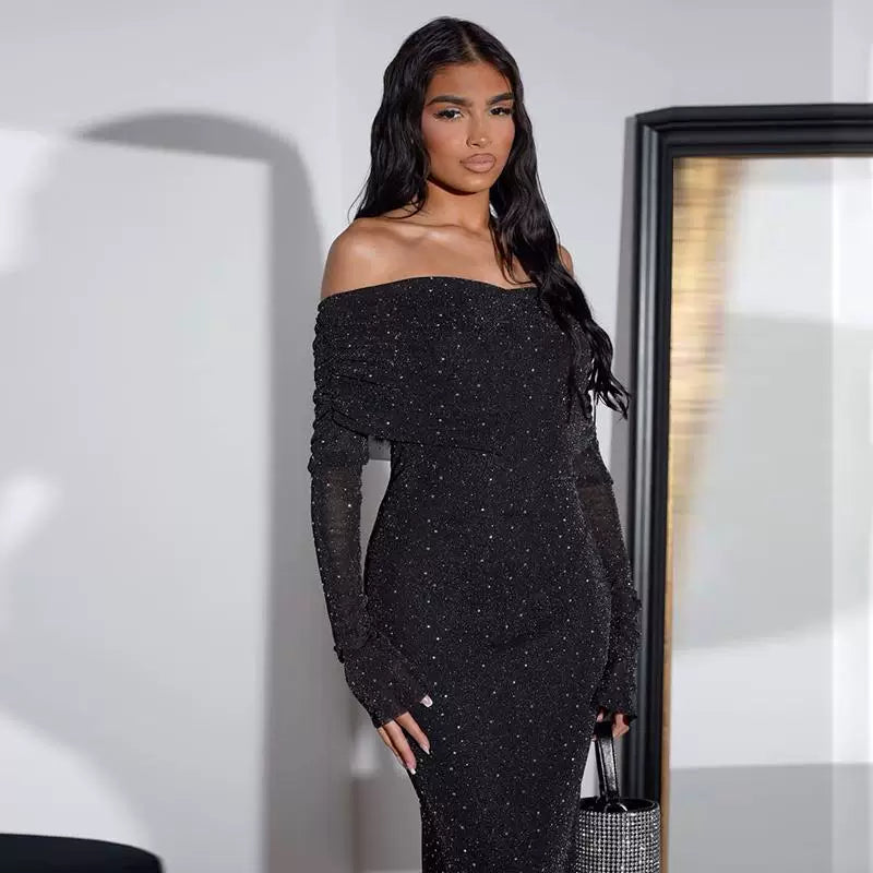 Wcoumq | Black Sequined One-Shoulder Maxi Dress for High-End Banquet and Evening Events