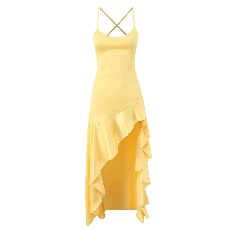 Wcoumq | Ruffled Slit Backless Maxi Dress with Waist-Enhancing Design