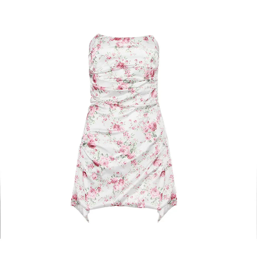 Wcoumq | One-Shoulder Tube Top Floral Satin Dress with Pleated Irregular Fishbone Design